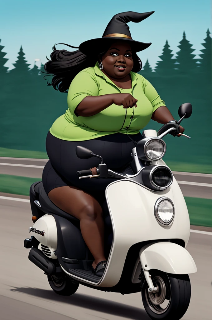 Cartoon of obese dark skin witch driving scooter at full speed
