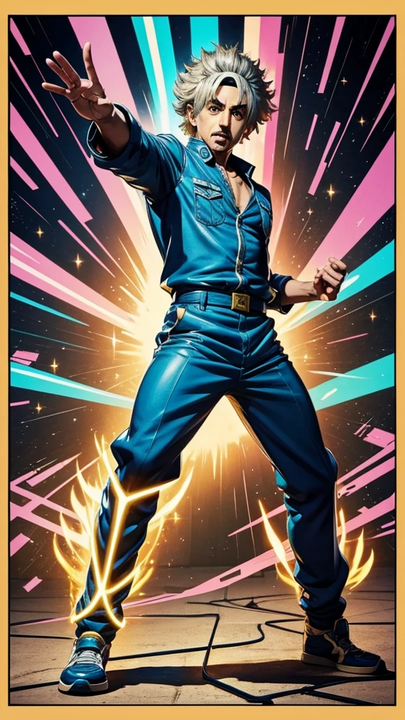 Manga Jojo style、Manga style illustration、Albert Einstein、Activate the Stand ability and Stand body、Famous poses、Full Body、