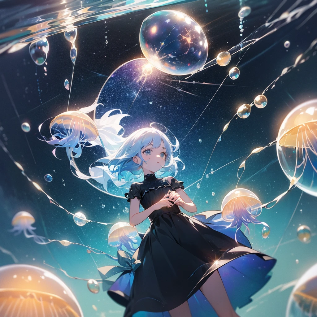 ((inside a big glass ball))(underwater) (floating bubbles) Under the sea ((fantastic starry sky )) (jellyfish) （Healing）((little))  (transparent black dress）