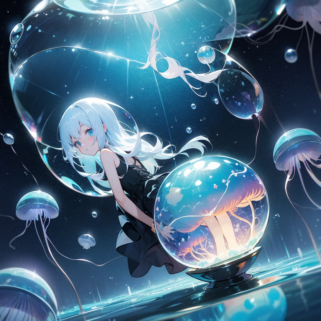 ((inside a big glass ball))(underwater) (floating bubbles) Under the sea ((fantastic starry sky )) (jellyfish) (Healing)((little)) (transparent black dress)