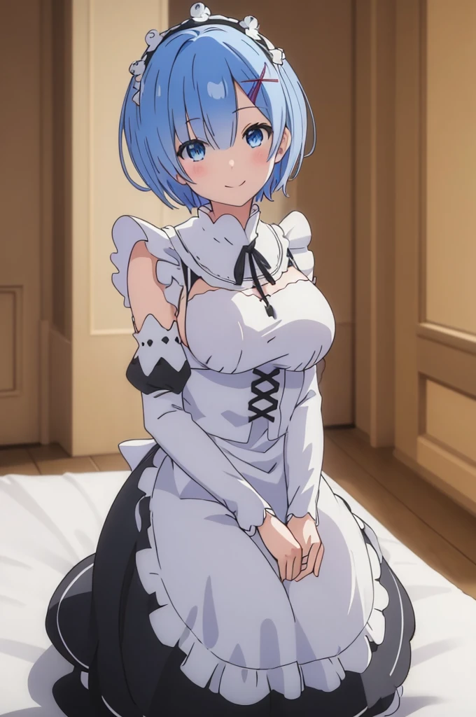 (masterpiece:1.3), (best quality:1.1), (8k, ultra detailed, ultra high res:1.1), (anime style), perfect 5 fingers, perfect anatomy,
1girl,
short hair,
blue hair,
blue eyes,
maid headdress, ribbon, x hair ornament,
large breasts,
maid uniform, black unuform, detached sleeves, white tights,
BREAK smile,
looking at viewer,
cowboy shot,
indoor, on the bed, wariza,