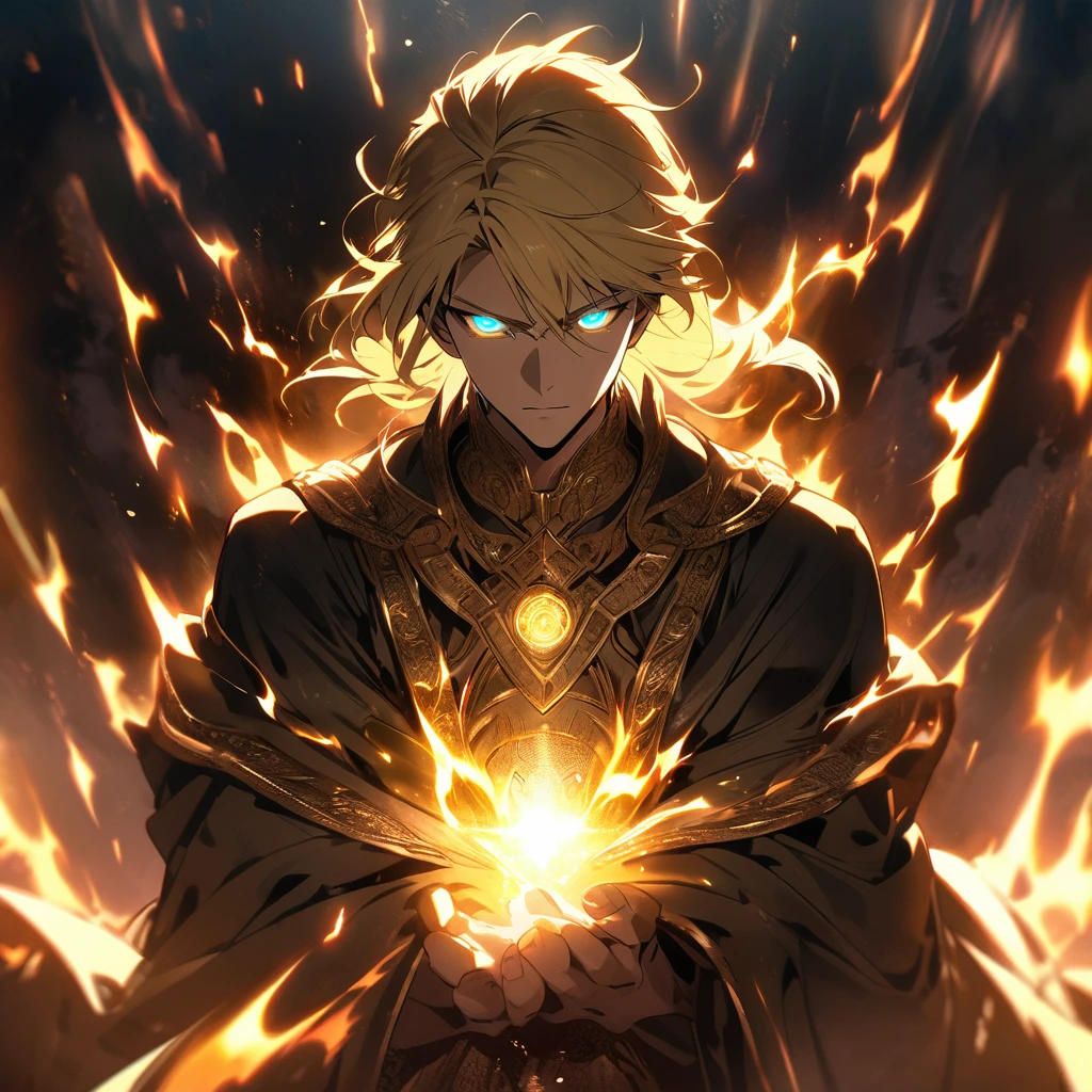male, solo, handsome, blond hair, god, god eyes, glowing eyes, light, aura, holo, golden
