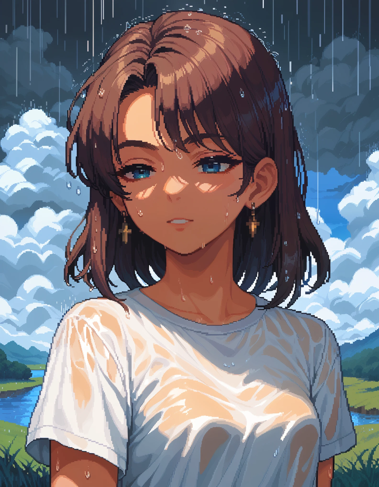 score_9, score_8_up, score_7_up, score_6_up,  rating_safe,
solo, 1girl, rain, clouds, river, close-up, half-closed eyes, wet shirt, upper body, small breasts, Pixel_Art