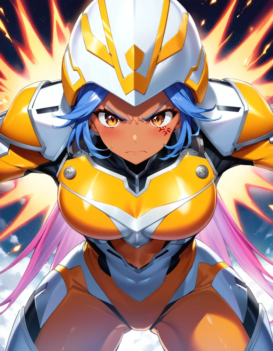 dynamic angle, (close up face), a ultra detailed beautiful moe anime, (angry, embarrassed, tan), tsundere gal wearing a powered suit is a fusion of chaos and harmony. Her vibrant hair color and flashy nails contrast with the suit’s cold metallic quality. When she dons the suit’s helmet, her eyes blaze with fighting spirit and determination. Yet, amidst that strength, glimpses of her tsundere nature peek through. As she takes control of the powered suit, her movements overwhelm enemies in an instant.