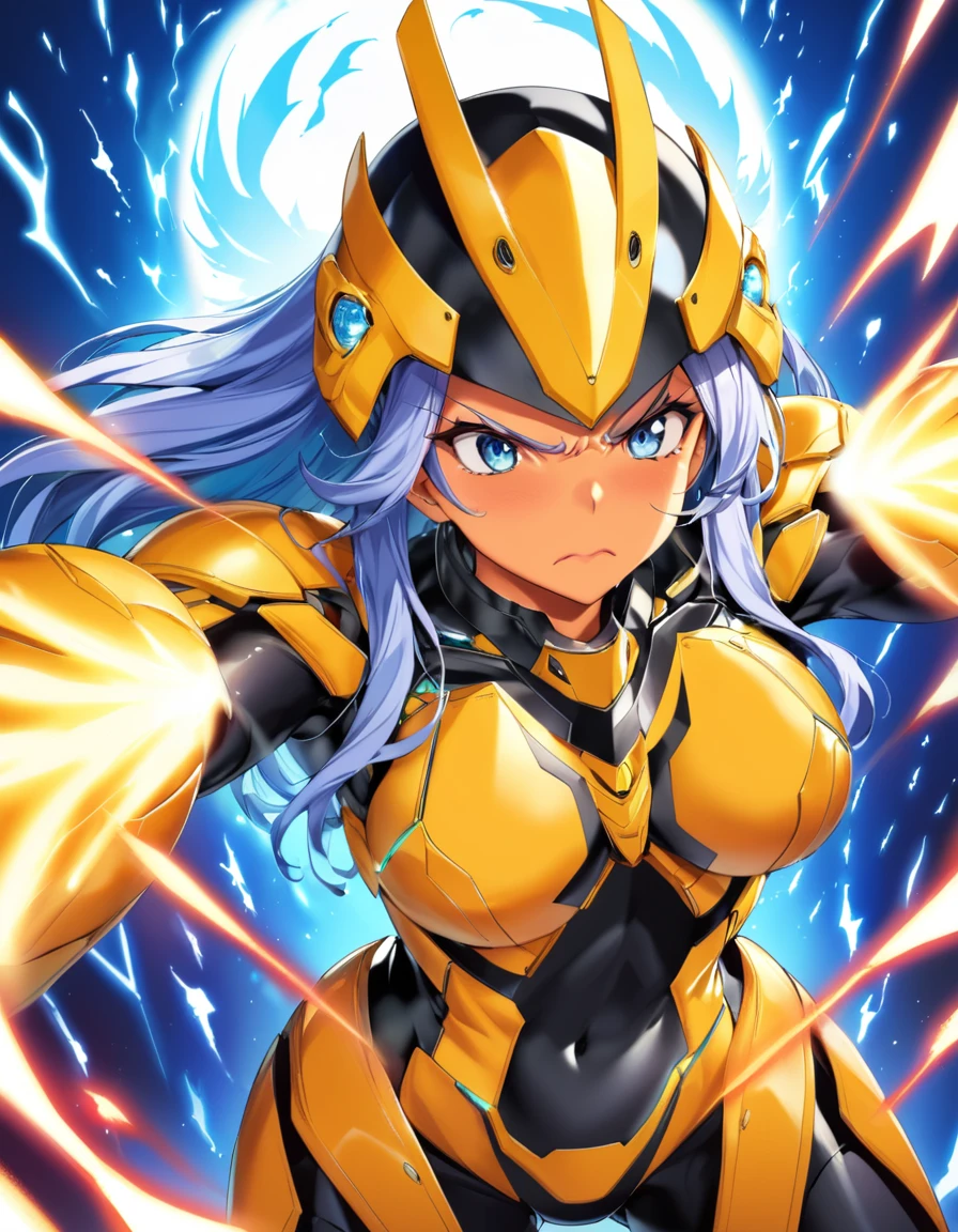 dynamic angle, (close up face), a ultra detailed beautiful moe anime, (angry, embarrassed, tan), tsundere gal wearing a powered suit is a fusion of chaos and harmony. Her vibrant hair color and flashy nails contrast with the suit’s cold metallic quality. When she dons the suit’s helmet, her eyes blaze with fighting spirit and determination. Yet, amidst that strength, glimpses of her tsundere nature peek through. As she takes control of the powered suit, her movements overwhelm enemies in an instant.