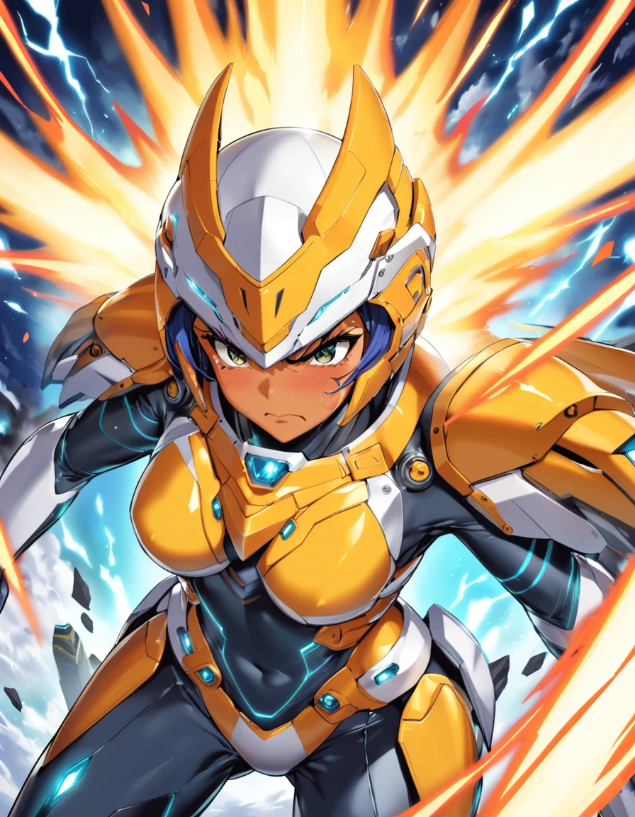 dynamic angle, (close up face), a ultra detailed beautiful moe anime, (angry, embarrassed, tan), tsundere gal wearing a powered suit is a fusion of chaos and harmony. Her vibrant hair color and flashy nails contrast with the suit’s cold metallic quality. When she dons the suit’s helmet, her eyes blaze with fighting spirit and determination. Yet, amidst that strength, glimpses of her tsundere nature peek through. As she takes control of the powered suit, her movements overwhelm enemies in an instant.