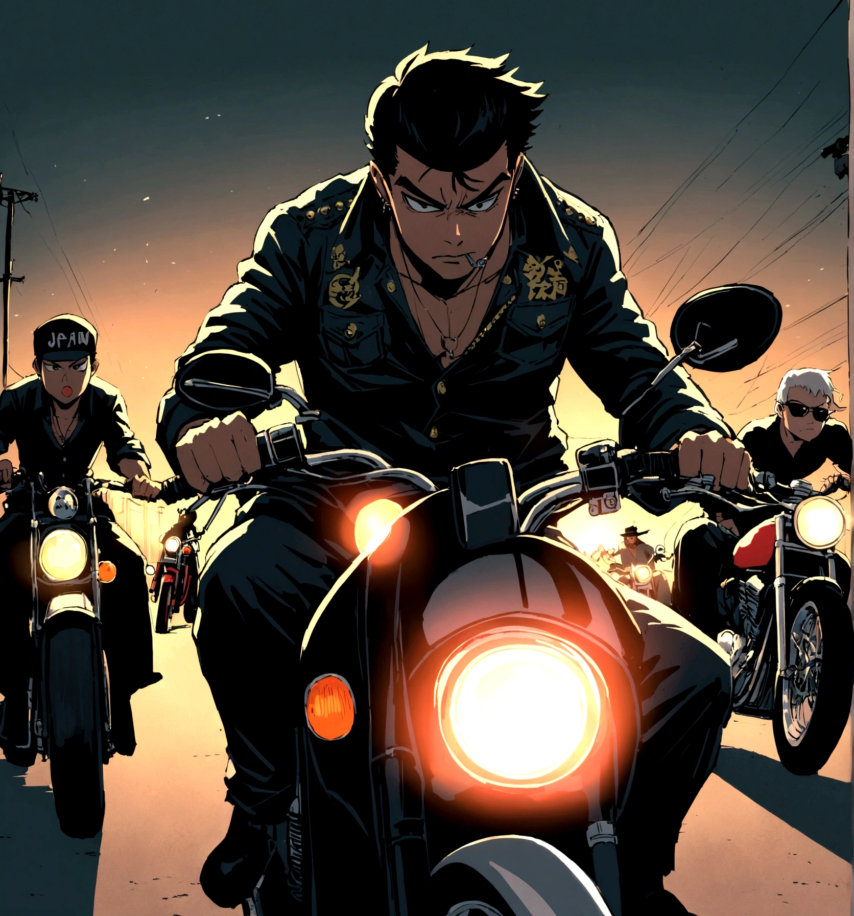7 man riding bosozoku motorcycles,4 motorcycle, bosozoku gang, riding, japan gangster