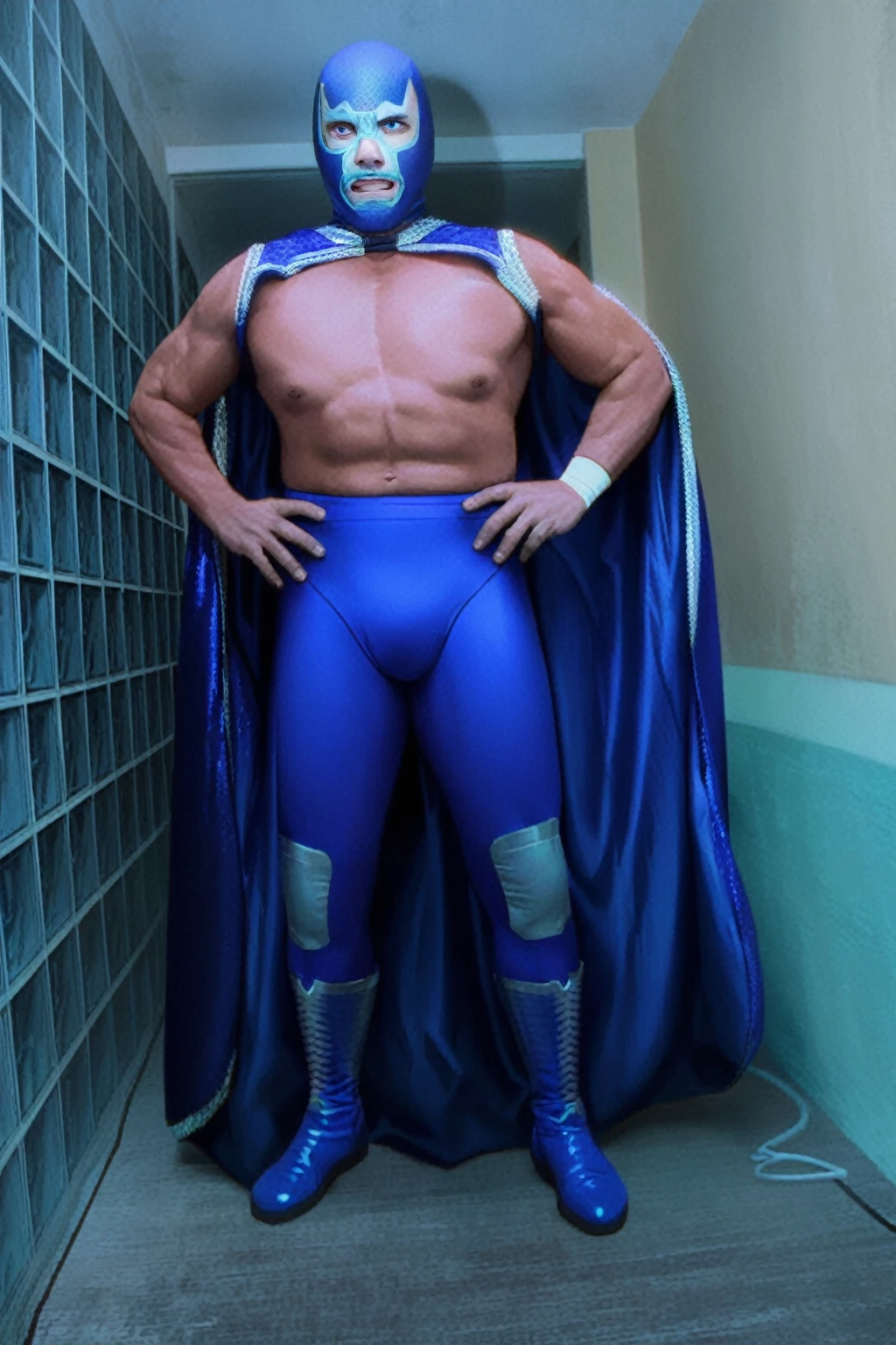 A blue-clad Alafed wrestler stands in a hallway, Blue Panther, Outfit with blue accents, Man in dark blue full body suit, Huge glowing muscles, eye pose, Electromancer full body portrait, Brave masculine pose, クローズアップFull Body Shot, Muscular male hero, Full Body Shot, Blue body, lycra costume, eye, Extreme close-up of the whole body, anime,