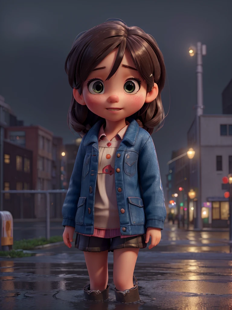 1 girl, cute, city landscape, night, rain, wet, professional lighting, photon mapping, radiation, physically-based rendering, (8K, raw photo, best quality, masterpiece:1.2), (realistic, photo-realistic:1.37)
