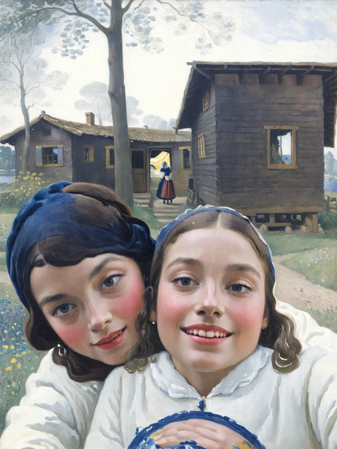 (classic painting, classical art:2.0) 2 women, (29 year old woman), (***********, 4 years) They take a selfie and on their backs you can see two cabins, artwork,, Wonderful, very vivid colors ( painting by Johannes Vermeer)