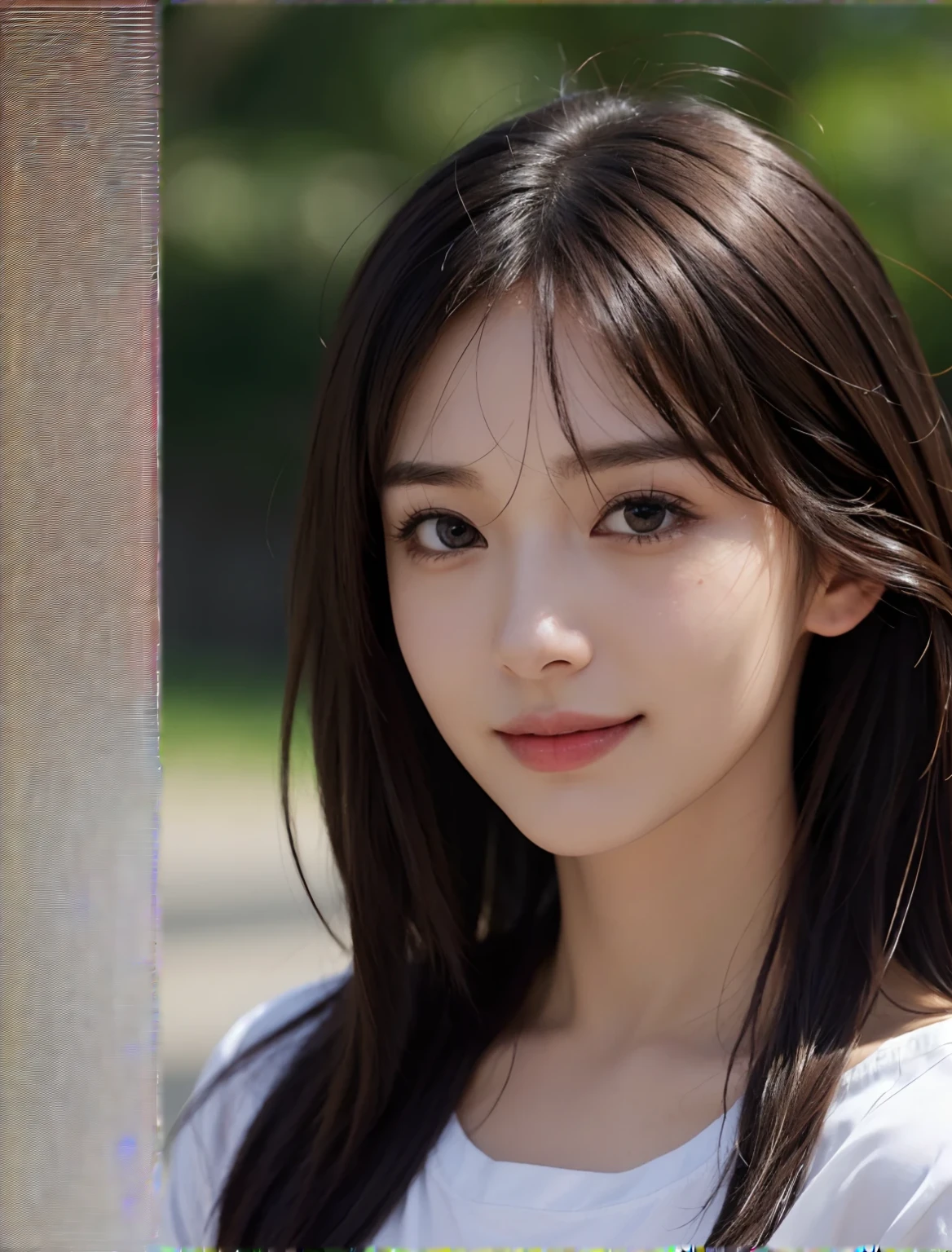 masutepiece, The highest image quality, High quality, Beautiful woman, Japanese, Detailed, Detailed eyes, Detailed skin, Beautiful skin, Ultra High Resolution, (reality: 1.4),Very beautiful, Slightly younger face, Beautiful skin, slender, (A hyper-realistic), (hight resolution), (8K), (Very detailed) (beautifully detailed eyes), (super detailed), T-shirt, Pants, (Wallpaper), (Detailed face), Looking at Viewer, Fine details, Detailed face, Smiling, Looking straight ahead, Looking straight ahead, angle from waist up, photos realistic, Bright lighting, Professional Lighting, Mature Woman, Brown hair, Shoulder-length straight hair swaying in the wind, long stylish bangs,