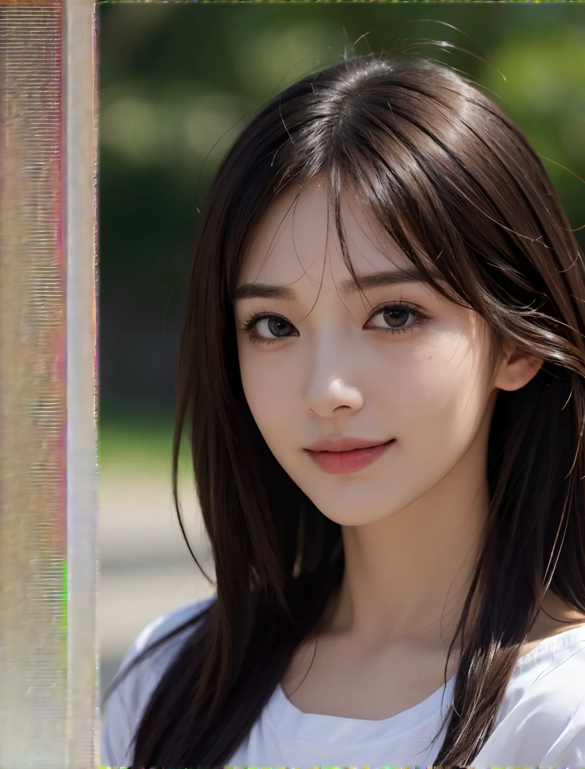 masutepiece, The highest image quality, High quality, Beautiful woman, Japanese, Detailed, Detailed eyes, Detailed skin, Beautiful skin, Ultra High Resolution, (reality: 1.4),Very beautiful, Slightly younger face, Beautiful skin, slender, (A hyper-realistic), (hight resolution), (8K), (Very detailed) (beautifully detailed eyes), (super detailed), T-shirt, Pants, (Wallpaper), (Detailed face), Looking at Viewer, Fine details, Detailed face, Smiling, Looking straight ahead, Looking straight ahead, angle from waist up, photos realistic, Bright lighting, Professional Lighting, Mature Woman, Brown hair, Shoulder-length straight hair swaying in the wind, long stylish bangs,