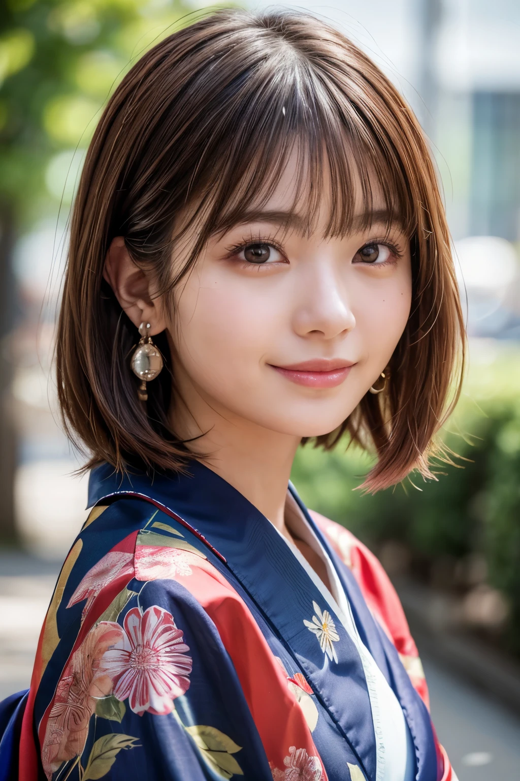 Upper Body、Beauty、Well-formed face、Wearing a gorgeous Japanese kimono、20-year-old、Uniform eyes、Small face、, light brown hair, hair over shoulder, parted bangs, straight hair, expressive hair, shiny hair, earrings, seductive smile, kanzashi, nihongami, Surrealism, cinematic lighting, first-person view, pov, f/1.2, Nikon, UHD, textured skin, best quality, highres, 8k
