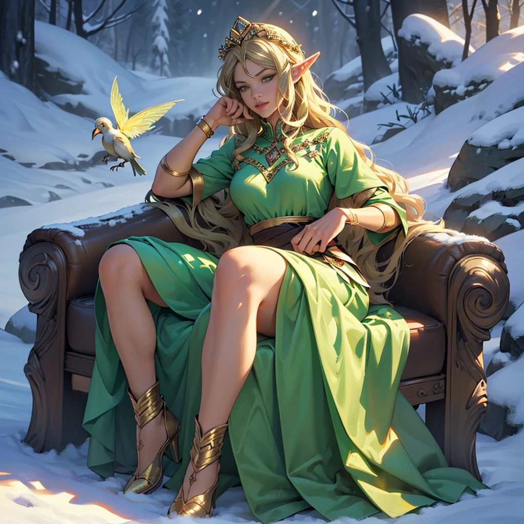 ((cinematic light, Best quality, 8 k, masterpiece :1.3)), (extremely detailed:1.2), (extremely detailed face), (Photorealistic:1.2), (ultra detailed), 8 k, look at the viewer, snowy mountains background, 8 k, uhd, soft lighting, high quality, Beautiful, professional, hyperrealistic, hyper-detailed, soft shadows, masterpiece, Best quality, ultra realistic, 8 k, Golden ratio, difficult, high detail, soft focus, (((1 girl))), long hair, dark green hair, flower, One, Looking at the viewer, Wavy hair, male focus, bird, 1 girl, Female, green dress, lips, closed mouth, dress, 1 girl, green eyes, flower, eyelashes, (((mature))), ((long elf ears)), (((golden tiara))), (full body shot), Sitting, mature, (((elegant))), ((tall fairy)), (((BITCH FACE))), ((complacent)), ((complacent)), ((queen)), (((snow))), boots, (Lady)