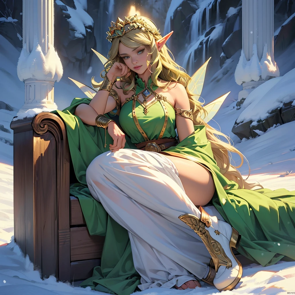 ((cinematic light, Best quality, 8 k, masterpiece :1.3)), (extremely detailed:1.2), (extremely detailed face), (Photorealistic:1.2), (ultra detailed), 8 k, look at the viewer, snowy mountains background, 8 k, uhd, soft lighting, high quality, Beautiful, professional, hyperrealistic, hyper-detailed, soft shadows, masterpiece, Best quality, ultra realistic, 8 k, Golden ratio, difficult, high detail, soft focus, (((1 girl))), long hair, dark green hair, flower, One, Looking at the viewer, Wavy hair, male focus, bird, 1 girl, Female, green dress, lips, closed mouth, dress, 1 girl, green eyes, flower, eyelashes, (((mature))), ((long elf ears)), (((golden tiara))), (full body shot), Sitting, mature, (((elegant))), ((tall fairy)), (((BITCH FACE))), ((complacent)), ((complacent)), ((queen)), (((snow))), boots, (Lady)