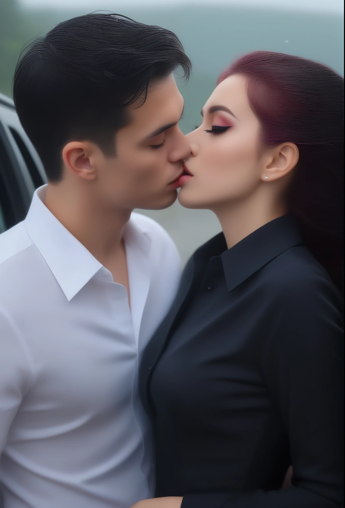 1 girl, 1 boy, beautiful detailed eyes, beautiful detailed lips, extremely detailed eyes and face, long eyelashes, pink hair, white pleated shirt, cracked button on the chest, upskirt, black hair, black catsuit, black pants, kissing in car, severe rainy weather, (best quality, 4k, 8k, highres, masterpiece:1.2), ultra-detailed, (realistic, photorealistic, photo-realistic:1.37), illustration, vivid colors, studio lighting, professional