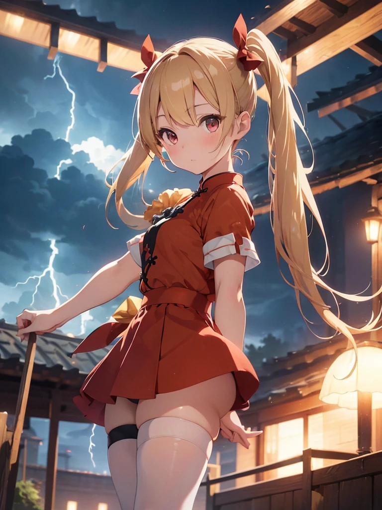 8k, Delicate image quality, best quality, (((blond twintails))), Red qipao, panty hose, 16 year old Beautiful girl, masterpiece, best quality, ultra detailed, Photo taken from below, outdoors, storm, lightning, leg spread,