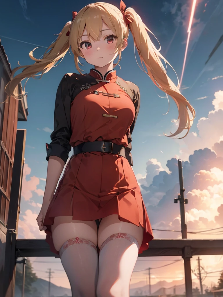 8k, Delicate image quality, best quality, (((blond twintails))), Red qipao, panty hose, 16 year  old Beautiful girl, masterpiece, best quality, ultra detailed, Photo taken from below, outdoors, storm, lightning, leg spread,