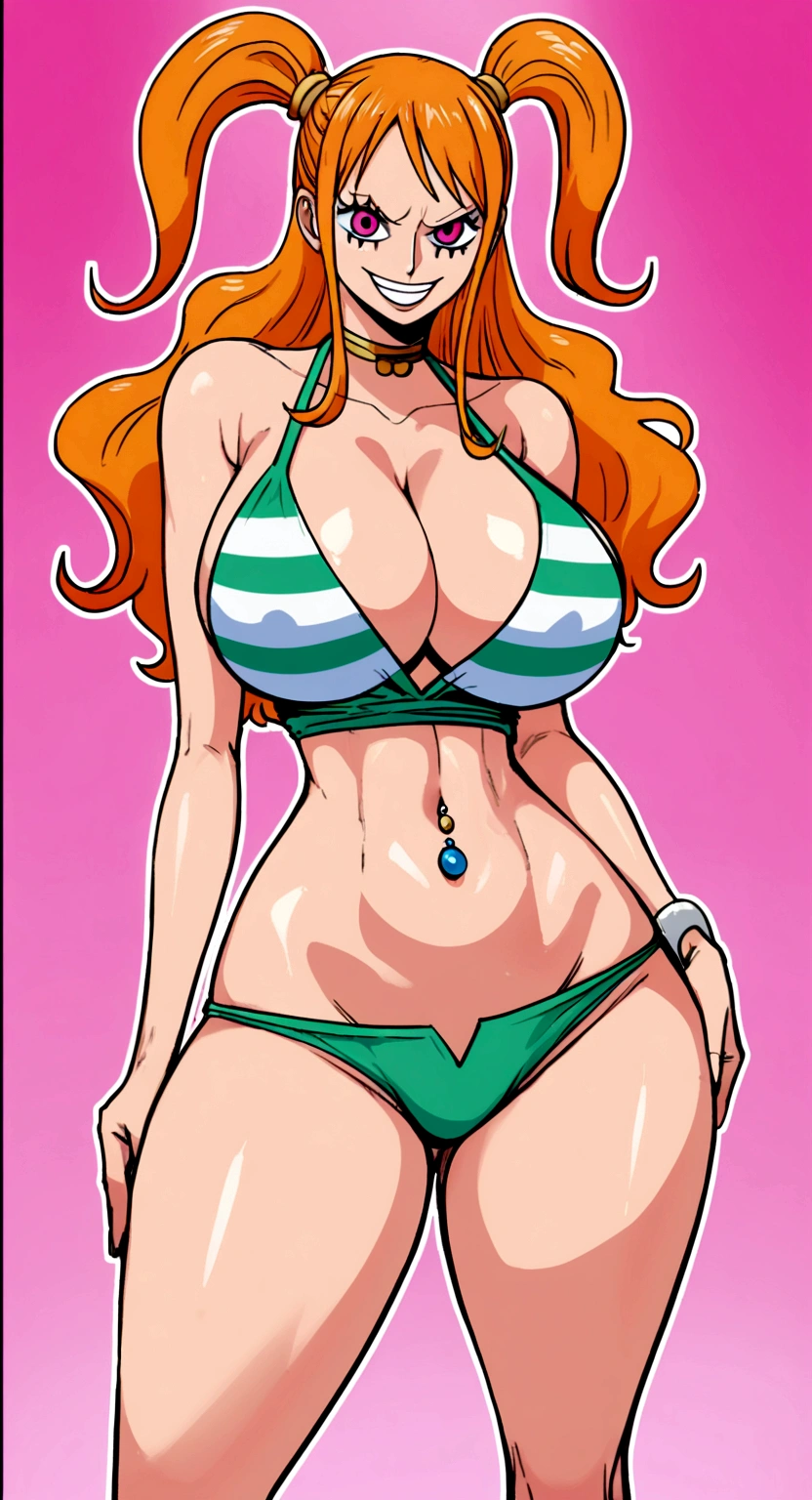 big lips, us&#39;The skin (One piece), pink eyes, japanese face, improve, improve grin, two sides up, huge breasts, Wide hips, sexy, detailed, pink room, Hits, (evil smile1.4), kawaii, fold us (One piece), One piece, GOOD, nami costume (One piece), fold us (One piece), camisa nami (One piece), choker, fold us (One piece), camisa nami (One piece),navel piercing, cosplay de nami (One piece)