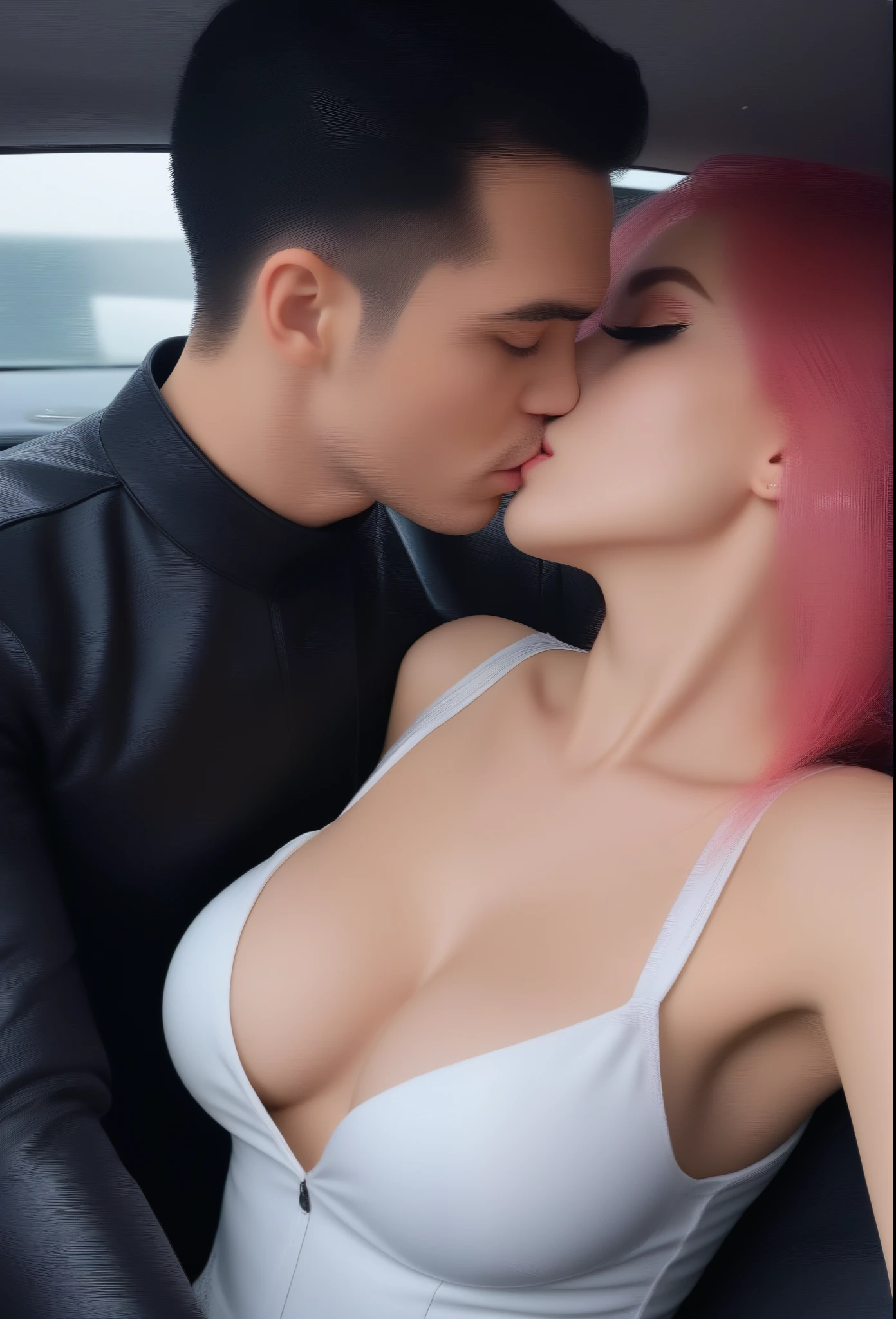 1 girl, 1 boy, beautiful detailed eyes, beautiful detailed lips, extremely detailed eyes and face, long eyelashes, pink hair, white pleated shirt, cracked button on the chest, upskirt, black hair, black catsuit, black pants, kissing in car, severe rainy weather, (best quality, 4k, 8k, highres, masterpiece:1.2), ultra-detailed, (realistic, photorealistic, photo-realistic:1.37), illustration, vivid colors, studio lighting, professional