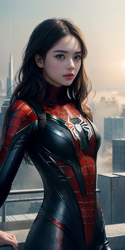 (1girl:1.3), Solo, (((Very detailed face)))), ((Very detailed eyes and face)))), Beautiful detail eyes, Body parts__, Official art, Unified 8k wallpaper, Super detailed, beautiful and beautiful, beautiful, masterpiece, best quality, original, masterpiece, super fine photo, best quality, super high resolution, realistic realism, sunlight, full body portrait, amazing beauty, dynamic pose, delicate face, vibrant eyes, (from the front), She wears Spider-Man suit, red and black color scheme, spider, very detailed city roof background, rooftop, overlooking the city, detailed face, detailed complex busy background, messy, gorgeous, milky white, highly detailed skin, realistic skin details, visible pores, clear focus, volumetric fog, 8k uhd, DSLR, high quality, film grain, fair skin, photo realism, lomography, futuristic dystopian megalopolis, translucent