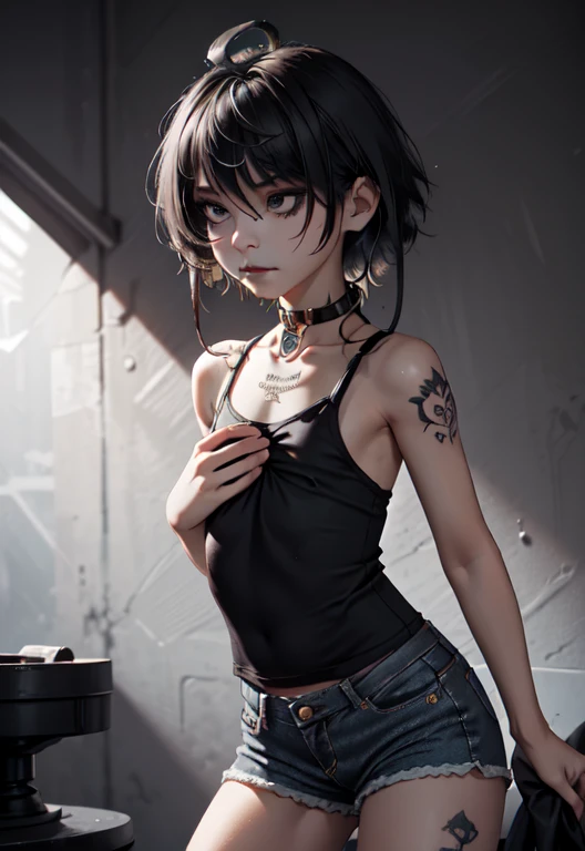 1girl, woman, Emo_Hairstyle, Black lipstick, Collar to neck , Eyeliner, Eye shadows, Smoky eyes, Realistic lighting, Tight tank top, Long skinny jeans shorts, sport shoes, Satanic tattoos, arrogant, simper, short hair, Flat chest.