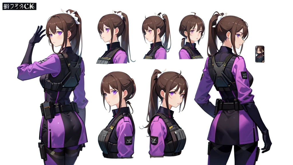 One Mature woman,human, Dark hair with purple strands, Ponytail, purple eyes, black outfit,wearing bulletproof vest, beautiful, masterpiece, best quality, perfect lighting, extremely detailed CG unity 8k wallpaper, reference sheet, model sheet, simple white background, (multiple views, [from behind|from side|from front|close-up|portrait|Looking straight ahead]:1),