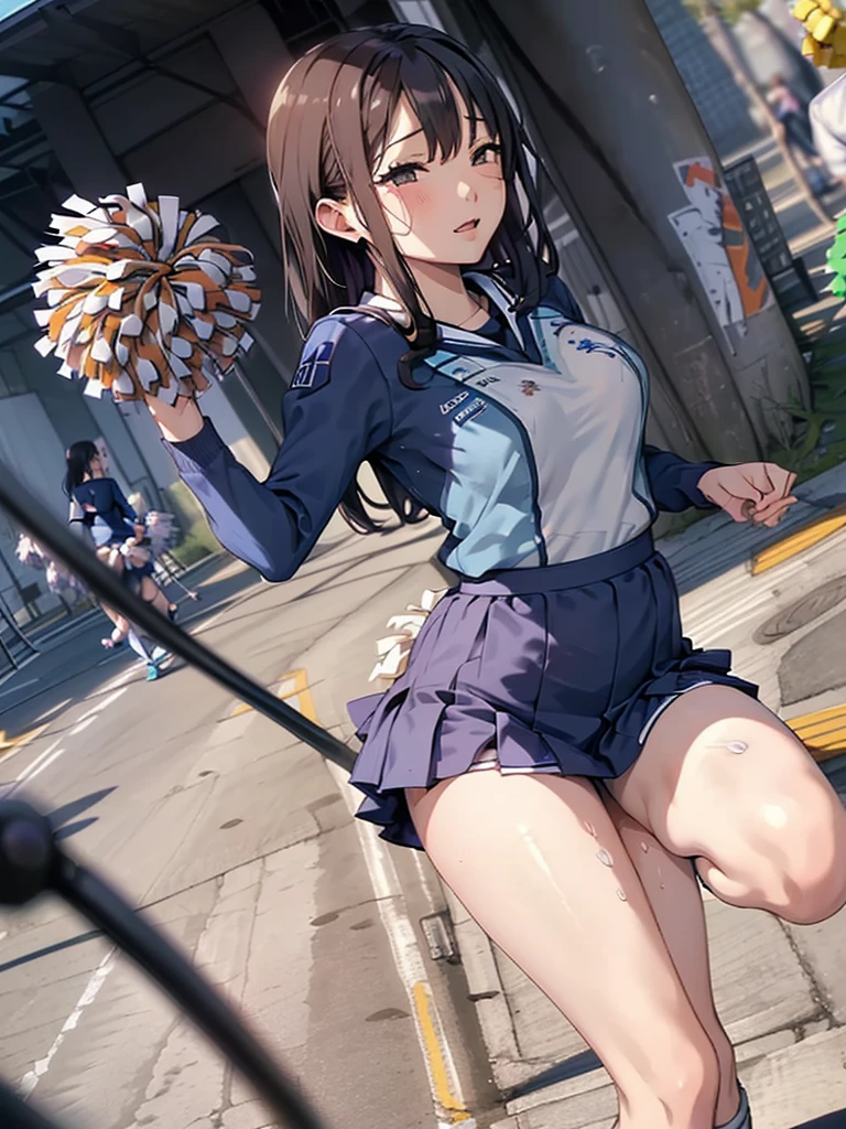 (((Cheerleader,blue Cheerleader uniform,Love Juice:1.3,Remote vibrator)),Are standing