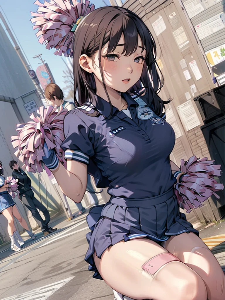 (((Cheerleader,blue Cheerleader uniform,Love Juice:1.3,Remote vibrator)),Are standing