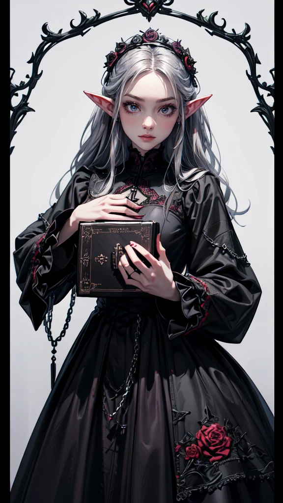 （Gothic character design sheet:1.5），(Scary dolls，Red or dark purple lace、Embroidery and other decorations。She wore a long black coat and a tight skirt，Show elegant and mysterious temperament。Wearing a silver cross、chain etc...，old magic book，Romantic roses，（ordered rows:1.2，interval:1.2，No overlap:1.2），((clear lines，clean background，White background, ultra high definition, masterpiece, precise, anatomically correct, textured skin, super detailed, high detail, best quality, 8K)),detailed face, detailed eyes, detailed hands,elf girl
