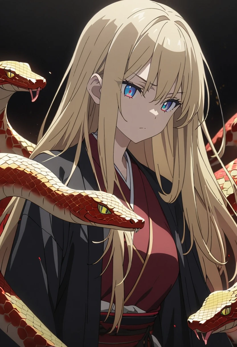 One woman, masterpiece, top quality, fair skin, black hair, blonde hair, long hair, blue eyes, red pupils, snake, plain white kosode, black haori, black scales, wearing a red obi, anime, black background