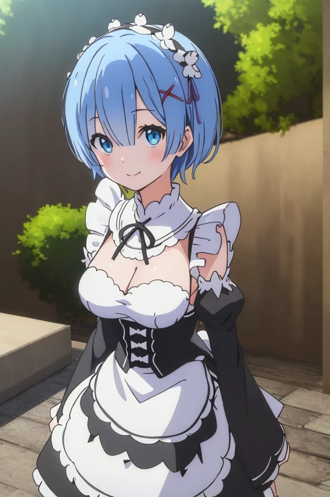 (masterpiece:1.3), (best quality:1.1), (8k, ultra detailed, ultra high res:1.1), (anime style), perfect 5 fingers, perfect anatomy, 
1girl,
short hair, 
blue hair, 
blue eyes,  
maid headdress, ribbon, x hair ornament, 
large breasts, 
maid uniform, black unuform, detached sleeves, white tights, 
BREAK smile, 
looking at viewer, 
cowboy shot, 
outdoor, forest, dynamic pose, 