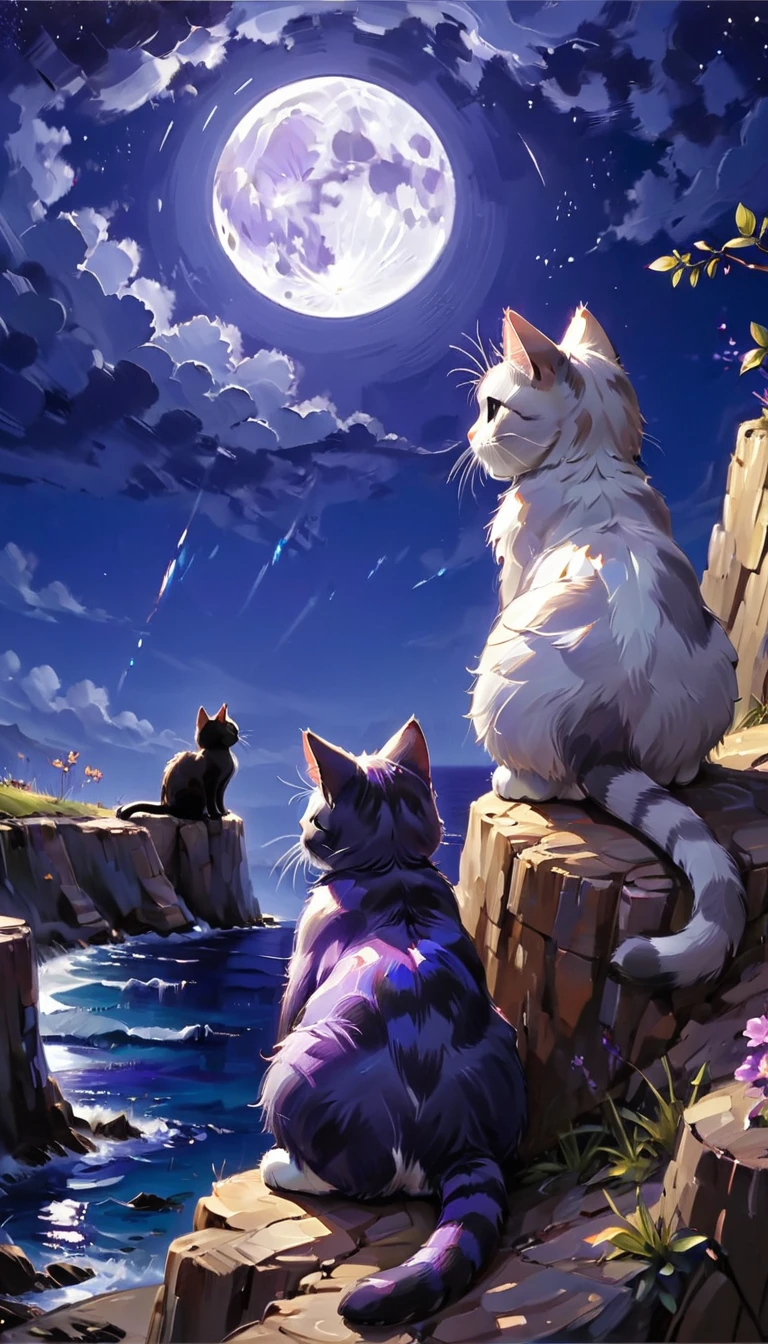 Outline of two adorable cats sitting on a cliff in front of a full moon against a deep blue, indigo and purple sky, shooting star, Dark blue and silver, From behind, The backgrounds are richly detailed landscapes.,    