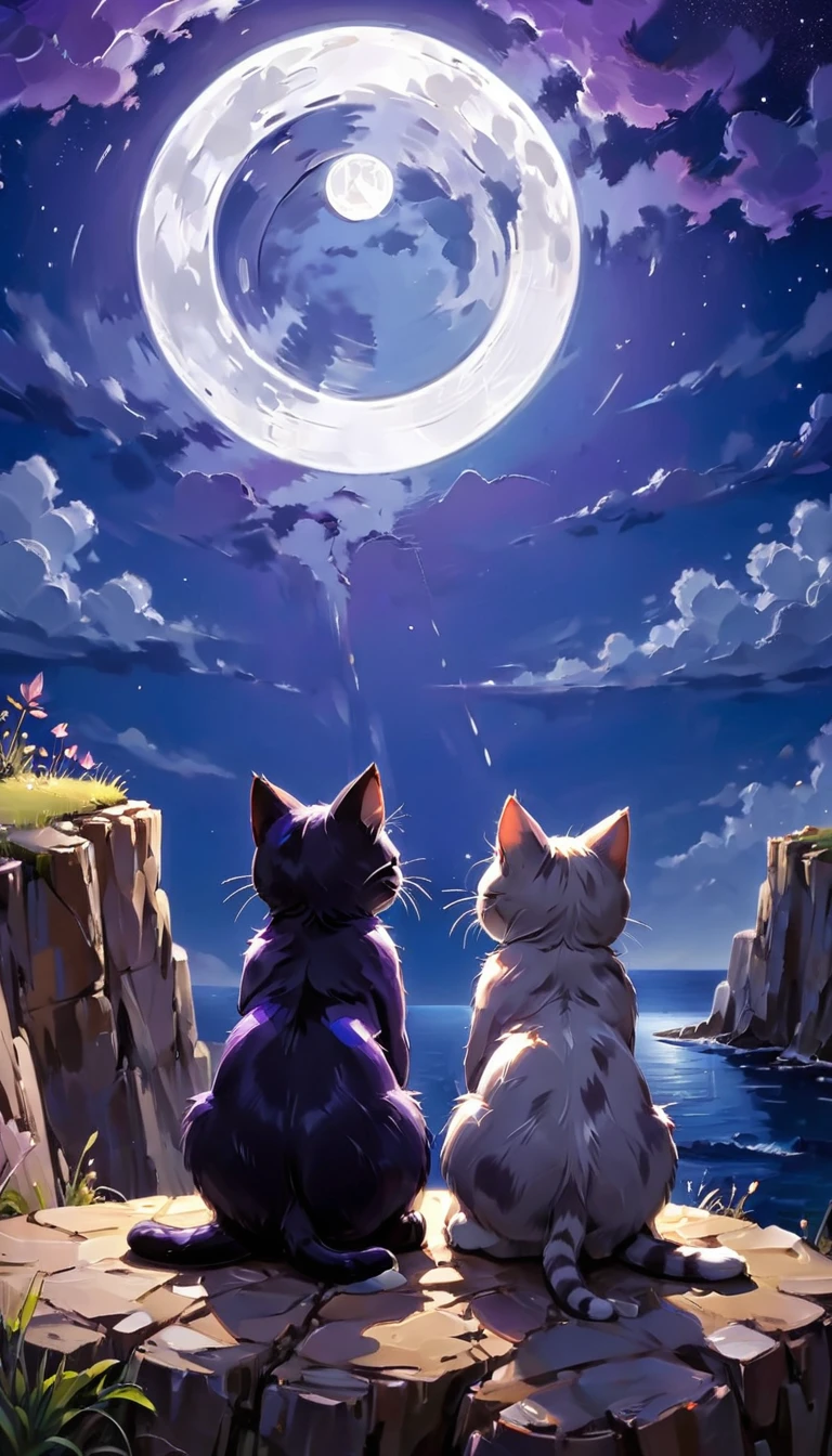 Outline of two adorable cats sitting on a cliff in front of a full moon against a deep blue, indigo and purple sky, shooting star, Dark blue and silver, From behind, The backgrounds are richly detailed landscapes.,    