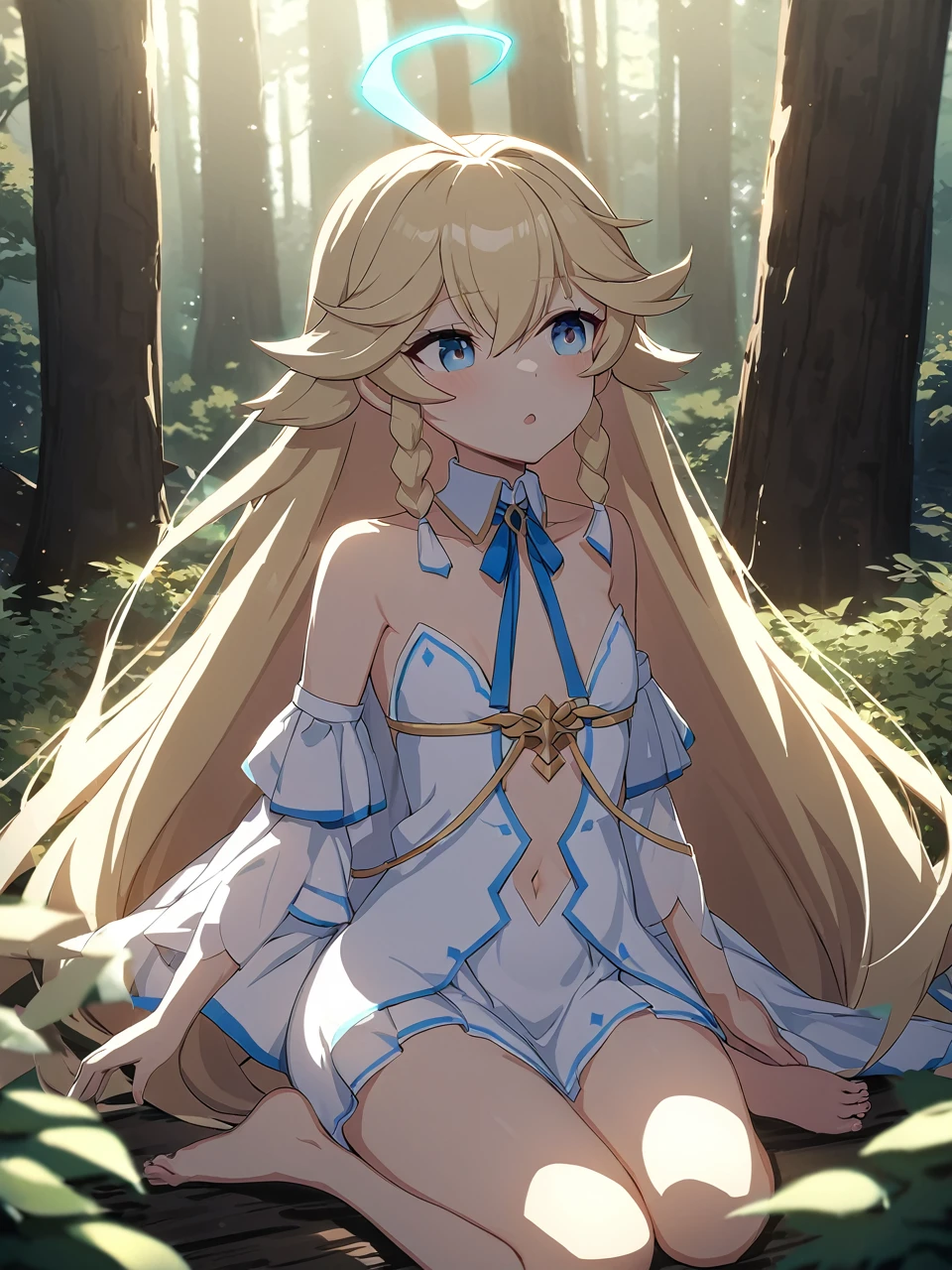 Zaora, blue eyes, (Variegated eyes:0.5), Blonde, Very long hair, Twin Blade, bangs, Ahoge, Hello, Angel, Flat Chest, White Dress, Belly button cutout, Detachable collar, Strapless, Neck ribbon, Bare shoulders, Angel wings, barefoot, One girl, Solo Break Space, forest, Depth of written boundary, Cinematic, masterpiece, Highest quality, Game CG