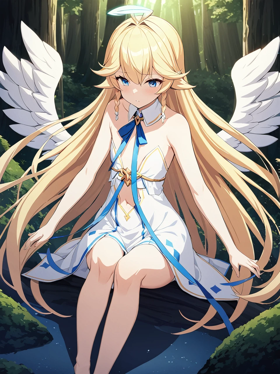 Zaora, blue eyes, (Variegated eyes:0.5), Blonde, Very long hair, Twin Blade, bangs, Ahoge, Hello, Angel, Flat Chest, White Dress, Belly button cutout, Detachable collar, Strapless, Neck ribbon, Bare shoulders, Angel wings, barefoot, One girl, Solo Break Space, forest, Depth of written boundary, Cinematic, masterpiece, Highest quality, Game CG