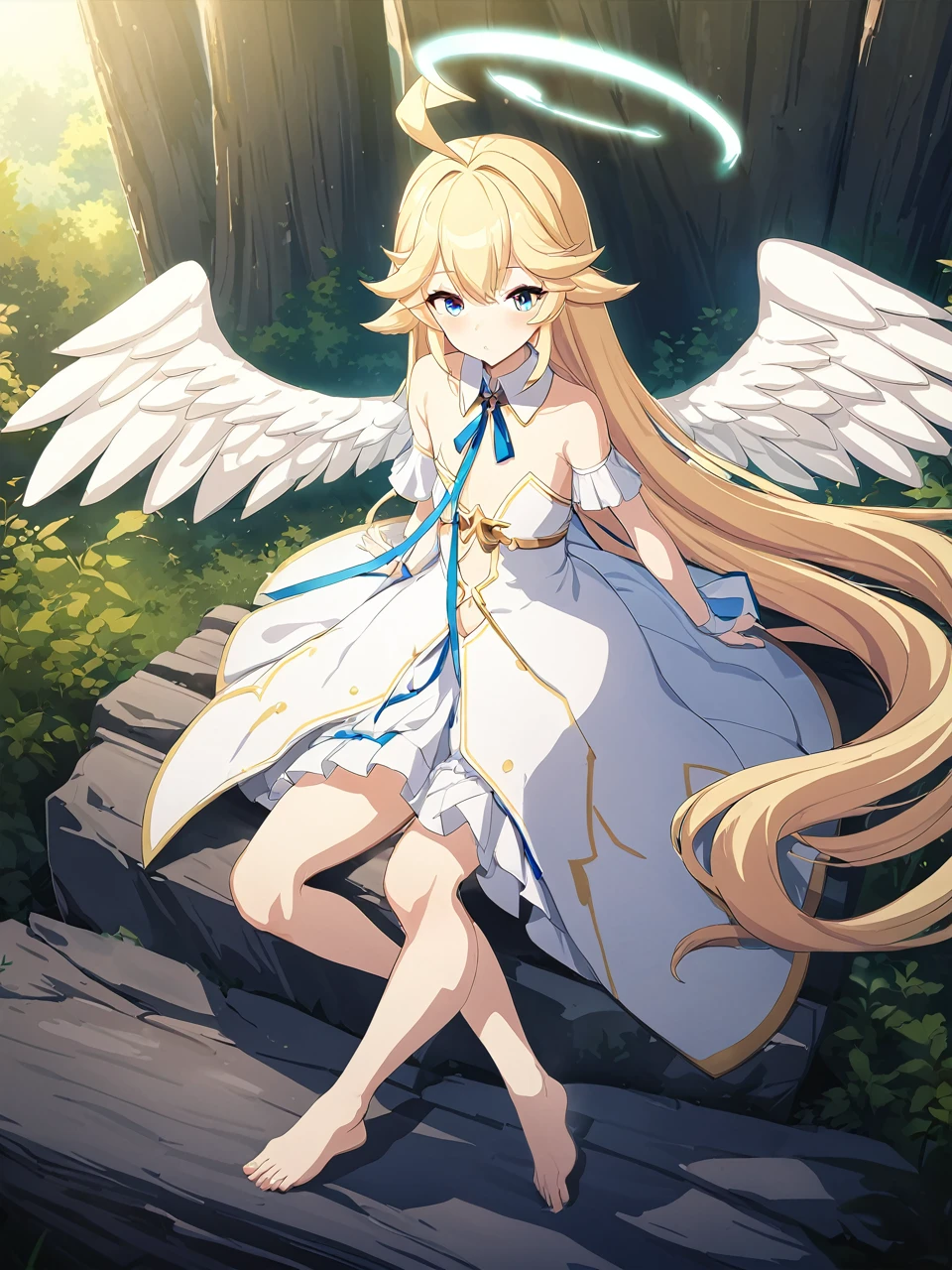 Zaora, blue eyes, (Variegated eyes:0.5), Blonde, Very long hair, Twin Blade, bangs, Ahoge, Hello, Angel, Flat Chest, White Dress, Belly button cutout, Detachable collar, Strapless, Neck ribbon, Bare shoulders, Angel wings, barefoot, One girl, Solo Break Space, forest, Depth of written boundary, Cinematic, masterpiece, Highest quality, Game CG