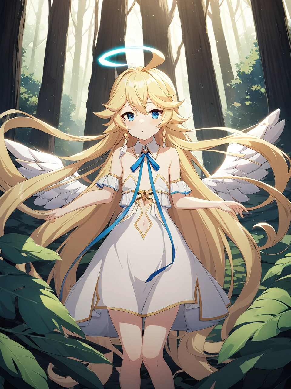 Zaora, blue eyes, (Variegated eyes:0.5), Blonde, Very long hair, Twin Blade, bangs, Ahoge, Hello, Angel, Flat Chest, White Dress, Belly button cutout, Detachable collar, Strapless, Neck ribbon, Bare shoulders, Angel wings, barefoot, One girl, Solo Break Space, forest, Depth of written boundary, Cinematic, masterpiece, Highest quality, Game CG