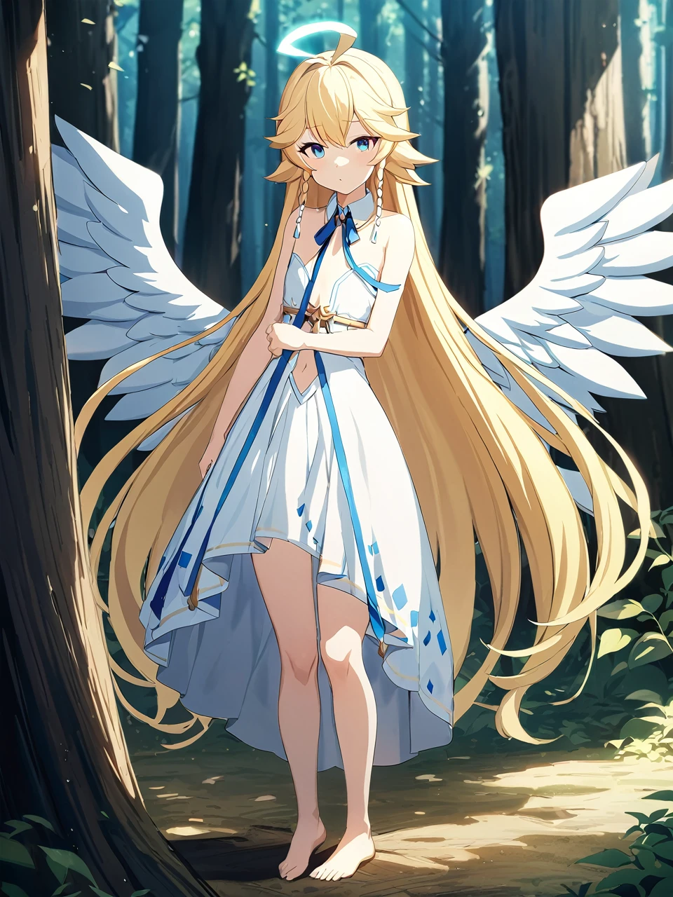 Zaora, blue eyes, (Variegated eyes:0.5), Blonde, Very long hair, Twin Blade, bangs, Ahoge, Hello, Angel, Flat Chest, White Dress, Belly button cutout, Detachable collar, Strapless, Neck ribbon, Bare shoulders, Angel wings, barefoot, One girl, Solo Break Space, forest, Depth of written boundary, Cinematic, masterpiece, Highest quality, Game CG