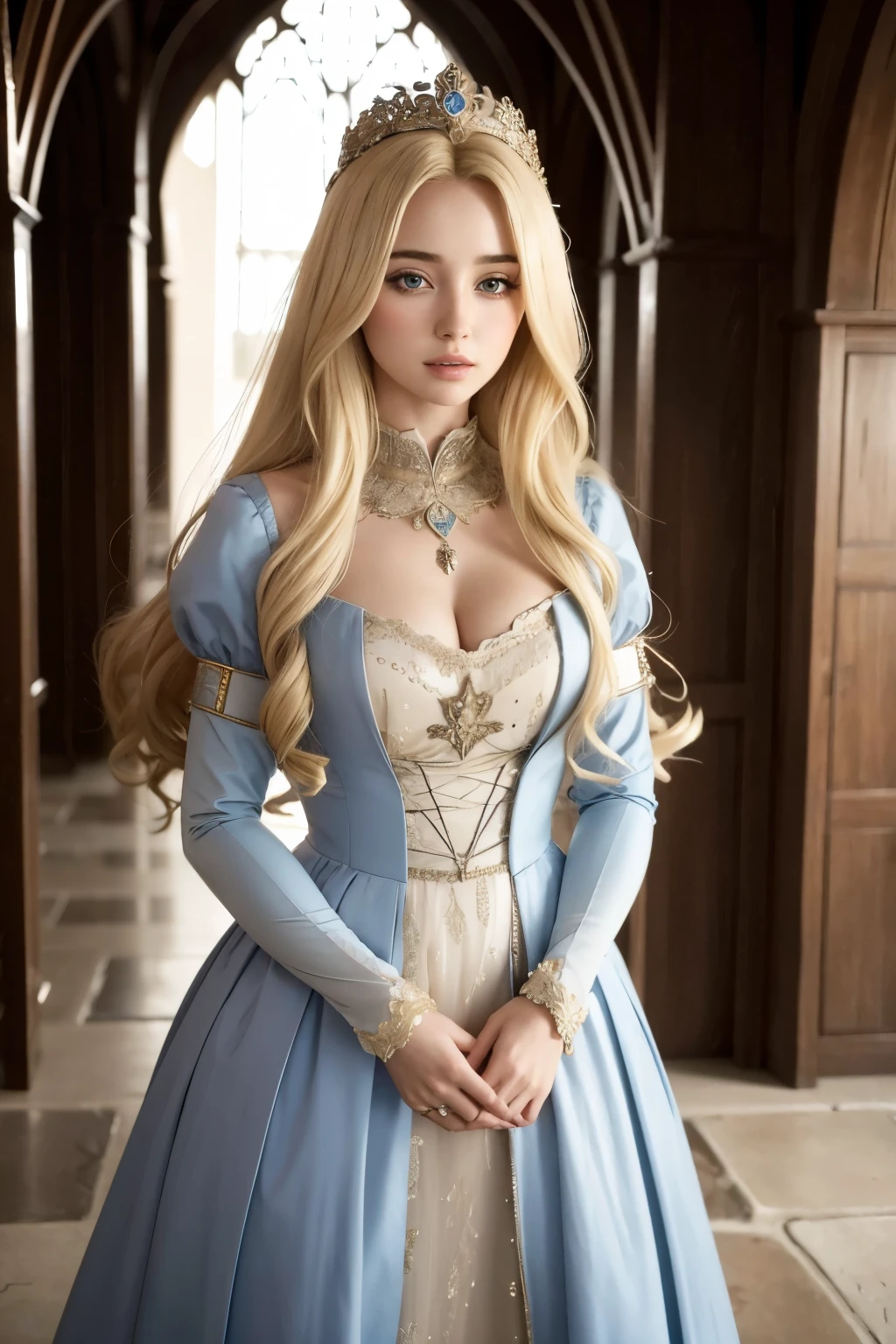 a blonde medieval princess, with a dress, blonde hair long, similar to Ana de Armas