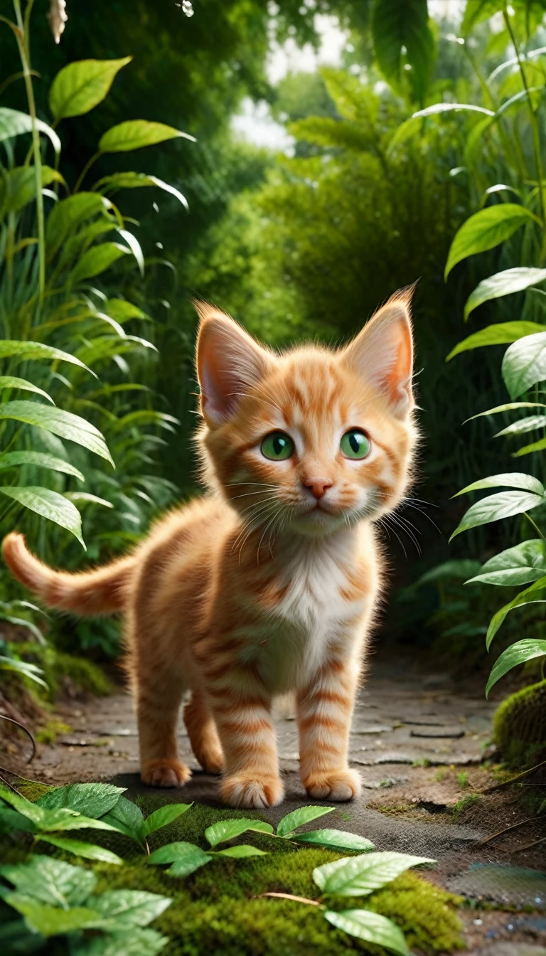 Whiskers a kitten ( the orange tabby with bright green eyes,), still looking scared but now hopeful, perks up at the sound of the familiar mews. He begins to move through the thick foliage, his green eyes focused and ears alert