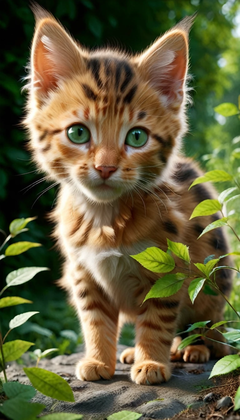 Whiskers a kitten ( the orange tabby with bright green eyes,), still looking scared but now hopeful, perks up at the sound of the familiar mews. He begins to move through the thick foliage, his green eyes focused and ears alert