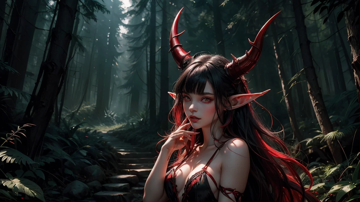 elf ears (horns on head) ,black hair (Red eyes)(Best quality,ultra detailed),bright colors,sharp focus,realistic,photorealistic:1.37,Forest background,warm sunlight,portrait,anime style,green foliage,elegant,playful,lush,flirty,bright features,enticing expression,seductively posing,Lush landscapes,wild and wild atmosphere,bewitching look,long flowing white hair,swaying gracefully,Светящиеся Red eyes,shrill, but exciting,horns,small waist,(Black underwear),tantalizingly revealing,confident and radiant energy