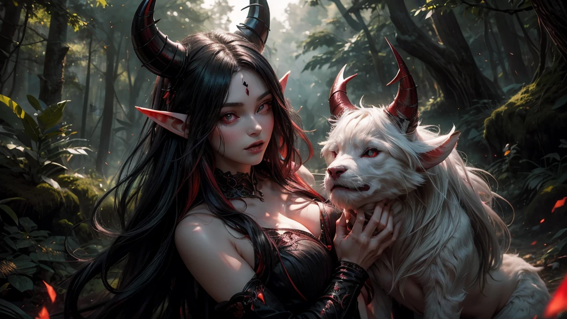 elf ears (horns on head) ,black hair (Red eyes)(Best quality,ultra detailed),bright colors,sharp focus,realistic,photorealistic:1.37,Forest background,warm sunlight,portrait,anime style,green foliage,elegant,playful,lush,flirty,bright features,enticing expression,seductively posing,Lush landscapes,wild and wild atmosphere,bewitching look,long flowing white hair,swaying gracefully,Светящиеся Red eyes,shrill, but exciting,horns,small waist,(Black underwear),tantalizingly revealing,confident and radiant energy