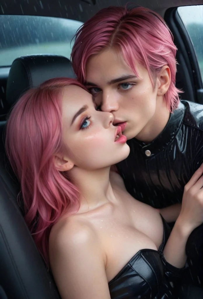 beautiful detailed eyes, beautiful detailed lips, extremely detailed eyes and face, long eyelashes, 1 boy, 1 girl, pink hair, white pleated shirt, cracked button on the chest, upskirt, black hair, black catsuit, black pants, boys and girls kissing in the car, severe rainy weather, masterpiece, best quality, super detailed, illustration, photorealistic, 8k, HDR, high quality, intricate details, cinematic lighting, dramatic colors, romantic atmosphere