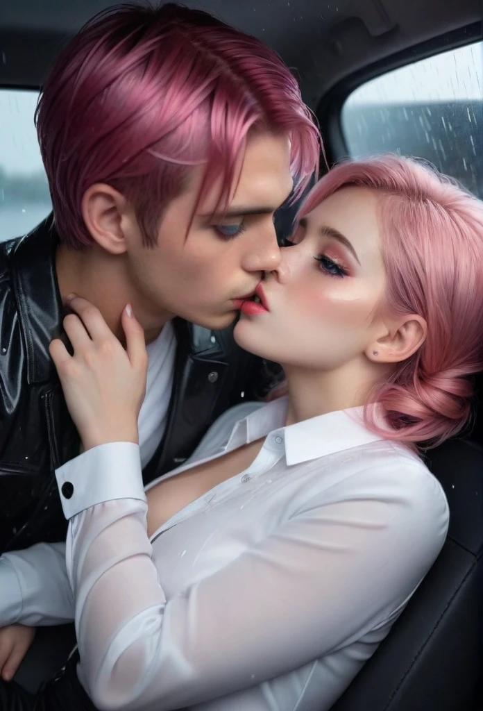 beautiful detailed eyes, beautiful detailed lips, extremely detailed eyes and face, long eyelashes, 1 boy, 1 girl, pink hair, white pleated shirt, cracked button on the chest, upskirt, black hair, black catsuit, black pants, boys and girls kissing in the car, severe rainy weather, masterpiece, best quality, super detailed, illustration, photorealistic, 8k, HDR, high quality, intricate details, cinematic lighting, dramatic colors, romantic atmosphere