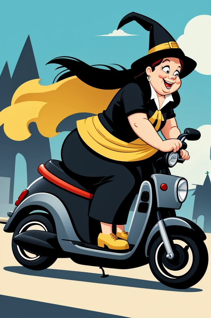 Cartoon of obese witch driving a black scooter at full speed 
