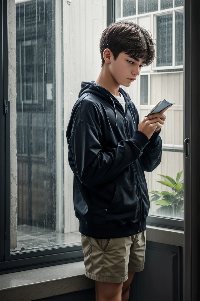 ((best quality)), ((masterpiece)), a teenagers boy is setting near a window and holding a diary and writting something and outside the window its raining animate it like anime and its night and its dark outside make it catoon