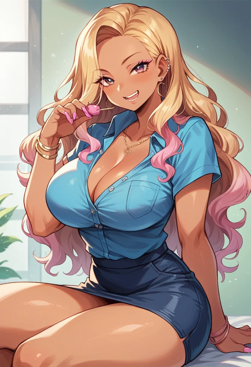 ((y girl ,gyaru)) ,nsfw, glamorous, voluptuous, curvy, forehead, shoulder-length wavy brown hair , blue shirt,blue skirt