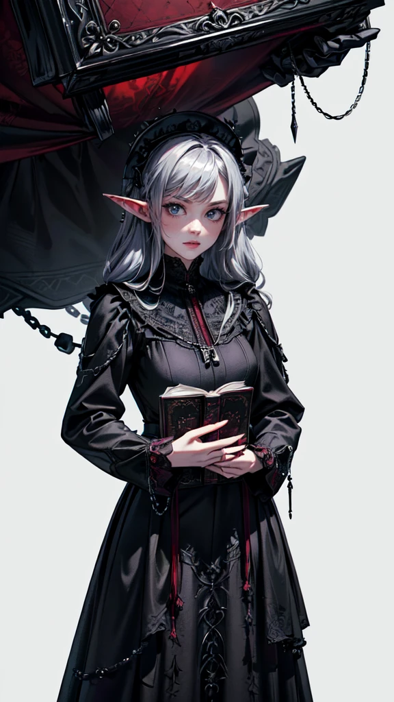 （Gothic character design sheet:1.5），(Scary dolls，Red or dark purple lace、Embroidery and other decorations。She wore a long black coat and a tight skirt，Show elegant and mysterious temperament。Wearing a silver cross、chain etc...，old magic book，Romantic roses，（ordered rows:1.2，interval:1.2，No overlap:1.2），((clear lines，clean background，White background, ultra high definition, masterpiece, precise, anatomically correct, textured skin, super detailed, high detail, best quality, 8K)),detailed face, detailed eyes, detailed hands,elf girl

